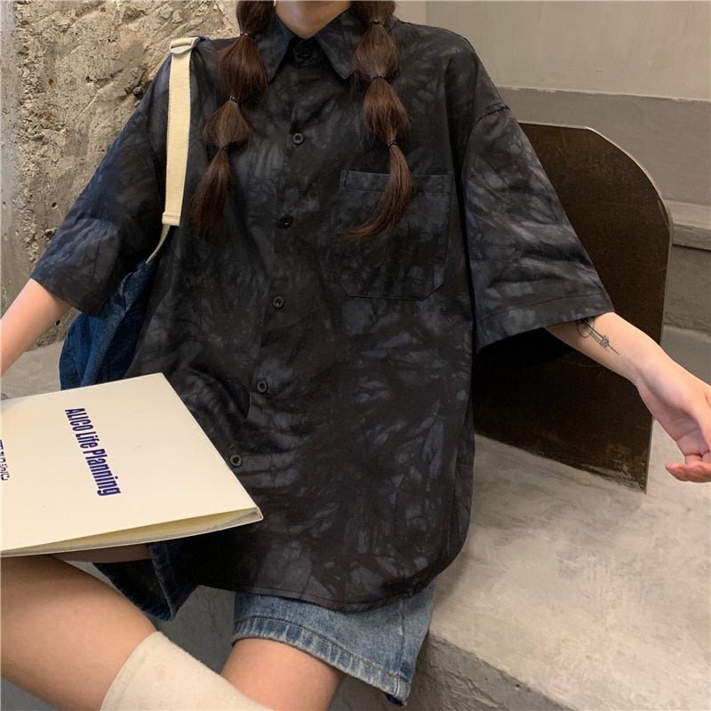 Tie Dye Women Shirts Summer Loose Half Sleeve Hip Hop Japan Girls Tops Fashion Button Up Black Casual Blue Ladies Blouse