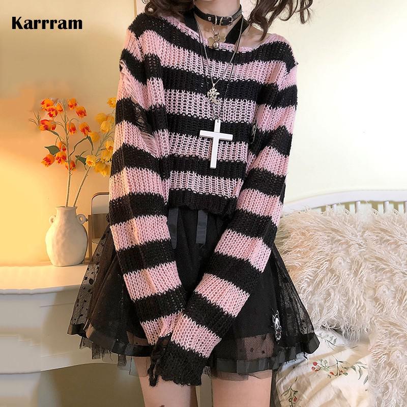 Pink Striped Gothic Sweaters Women Ripped Holes Loose Knitted Pullover Frayed Fairy Grunge Jumpers Emo Streetwear Lolita