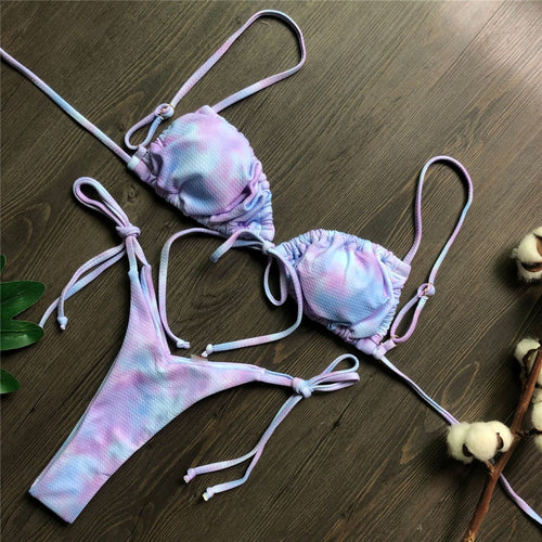 Load image into Gallery viewer, Wrinkled Lace Up Mini Thong Bikini Female Swimsuit Women Swimwear Two-Pieces Bikini set Tie Dye Bather Bathing Suit Swim V2552B
