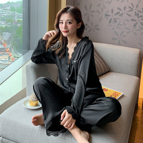 Load image into Gallery viewer, White silk like women&#39;s pajamas set autumn long-sleeved nighties palace style sleepwear set black beautiful home nighty suit
