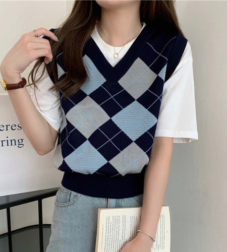 Argyle Women Sweater Vest Korean Style Autumn Knit Pullover Cute Jumper Casual V Neck Blue Loose Ladies Plaid Vest