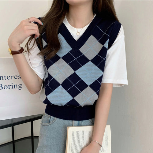 Load image into Gallery viewer, Argyle Women Sweater Vest Korean Style Autumn Knit Pullover Cute Jumper Casual V Neck Blue Loose Ladies Plaid Vest

