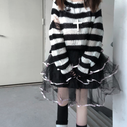 Load image into Gallery viewer, Pink Striped Gothic Sweaters Women Ripped Holes Loose Knitted Pullover Frayed Fairy Grunge Jumpers Emo Streetwear Lolita
