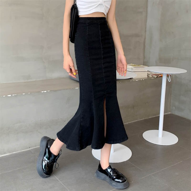 Stretched Women Mermaid Denim Skirt Summer High Waist Split Fork Black Fashion Ruffles Midi Jeans Skirt Korean Casual Falda