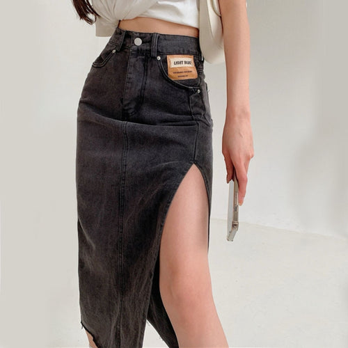 Load image into Gallery viewer, Slit Women Denim Skirt High Waist Summer Tassel Loose A Line Jeans Long Skirt Causal Korean Black Fashion Cotton Skirts
