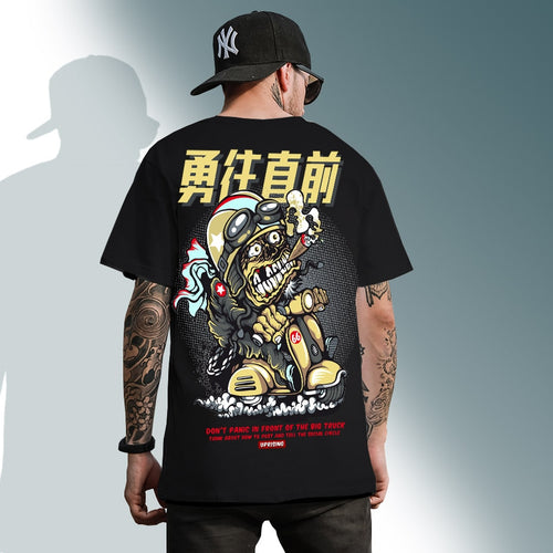 Load image into Gallery viewer, Street fashion brand traffic accident T-shirt motorcycle afraid of hip-hop personality European and American cartoon
