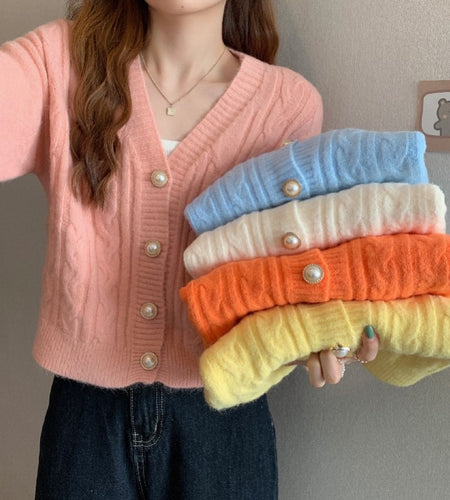 Knit Women Cute Cardigan Sweater Fashion Sweet Pearl Button Fall Loose Sleeve  Short Jacket V Neck Solid Color Coat
