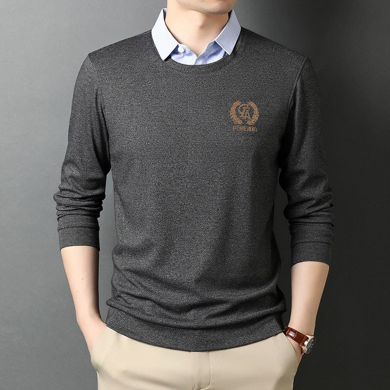 Brand Designer Slim Fit Fake Two Men Shirts Comfortable Long Sleeve Casual Korean Fashion Clothing