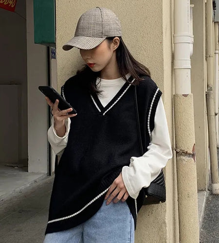 Autumn Simple All Match Vest Women V Neck Black Knitted Sweater Sleeveless Student Tanks Korean Fashion White Waistcoat