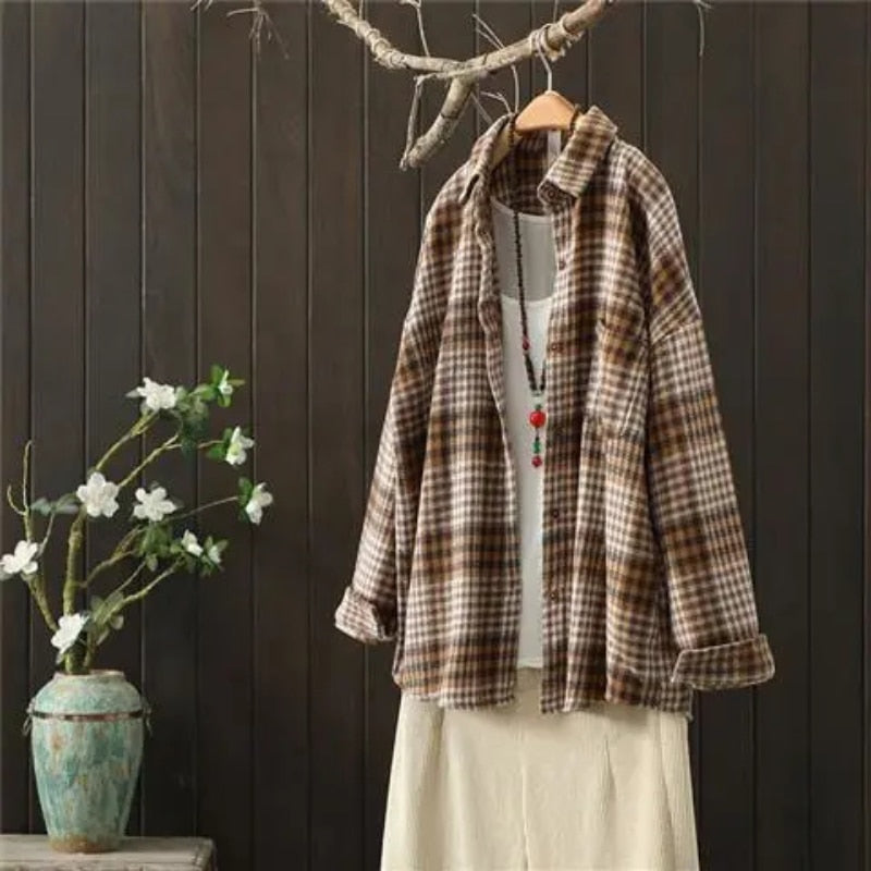 Houndstooth Women Shirts Vintage Plaid Button Up Oversize Female Tops Fall Long Sleeve Korean Loose Ladies Shirt