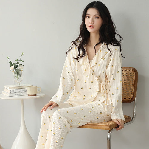 Load image into Gallery viewer, High Quality Women&#39;s Pajamas Set Kimono Ins Style Sleepwear Cotton Casual Homewear V Neck 2pcs Nightgown пижама женская
