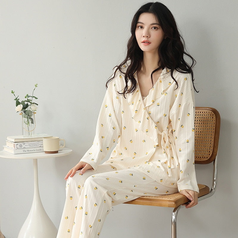 High Quality Women's Pajamas Set Kimono Ins Style Sleepwear Cotton Casual Homewear V Neck 2pcs Nightgown пижама женская