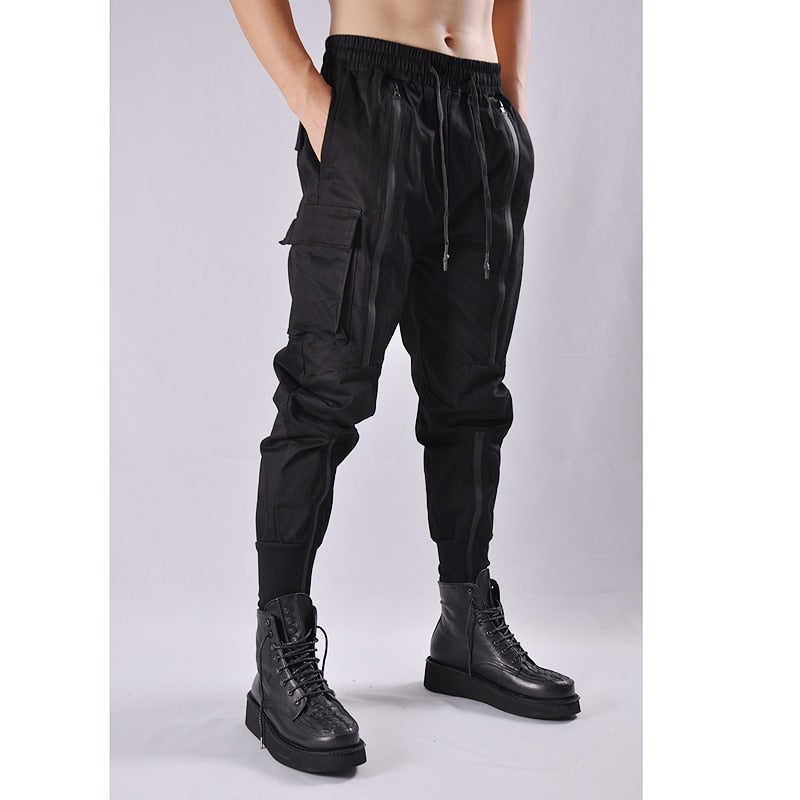 Tactical Functional Cargo Pants Joggers Men Black Elastic Waist Trousers Hip Hop Streetwear Zipper Design Pants Techwear WB376