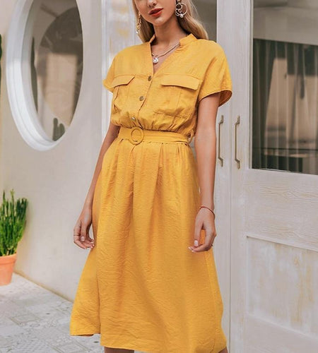 V-Neck Solid Vintage Elegant Button Belt Midi Summer Dress-women-wanahavit-Yellow-S-wanahavit