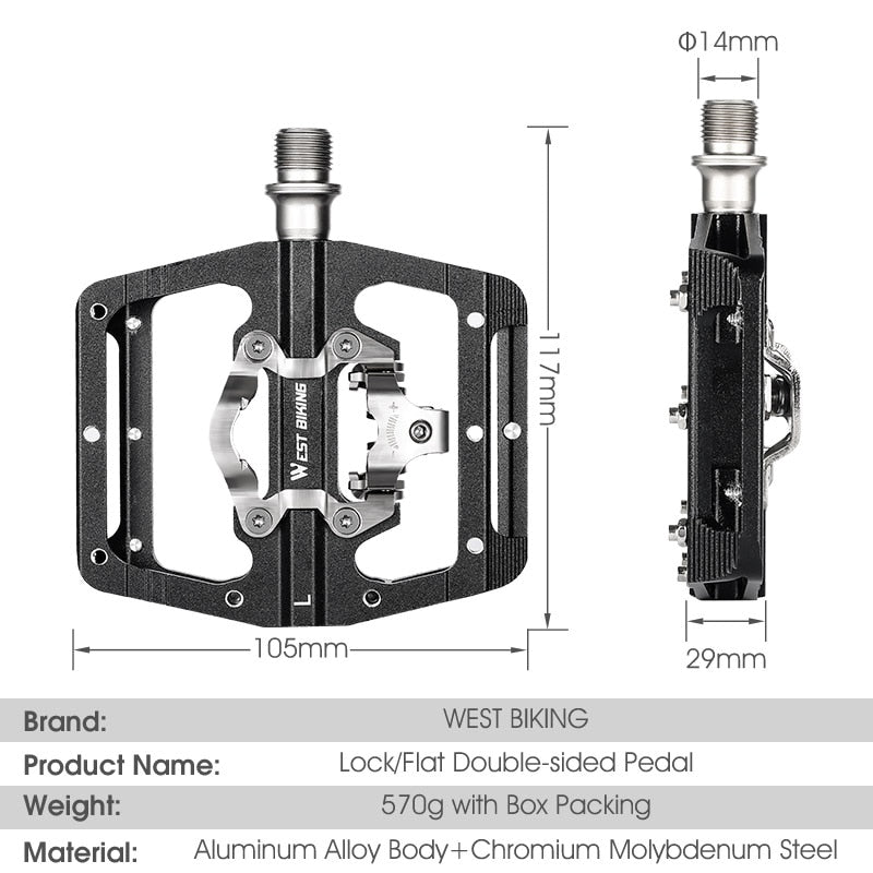 2 In 1 Bicycle Pedals SPD Self-Locking Pedal 3 Bearings MTB Road Bike Anti-slip Flat Pedals Cycling Part Accessories