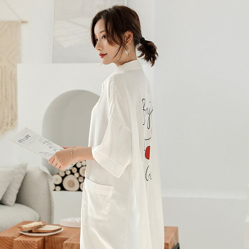 Load image into Gallery viewer, Summer Women&#39;s Pajamas V Neck Fashion Cherry Letter Sleepdress Nightie Silk Like Leisure Home Clothes Shirt Nightwear
