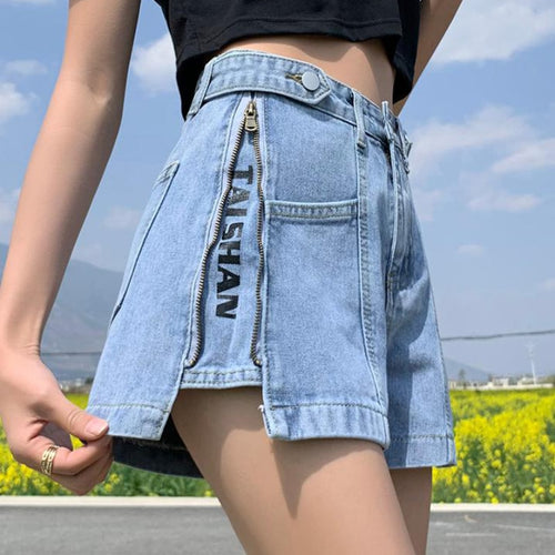 Load image into Gallery viewer, Fashion Zipper Women Denim Shorts Summer High Waist Black Letter Print A Line Wide Leg Jeans Streetwear Loose Girls Shorts
