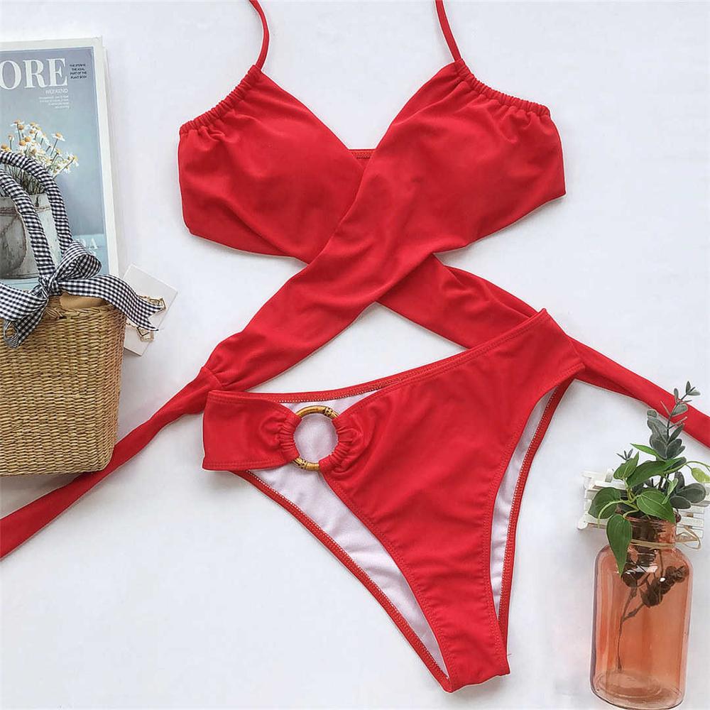 Sexy Red Mid Waist Bikini Female Swimsuit Women Swimwear Two-pieces Bikini set Leopard Bather Bathing Suit Swim Lady V2148R