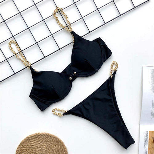 Load image into Gallery viewer, Sexy Golden Chain String High Cut Leg One Piece Swimsuit Women Swimwear Female Bather Tummy Cut Out Bathing Suit Swim V1667
