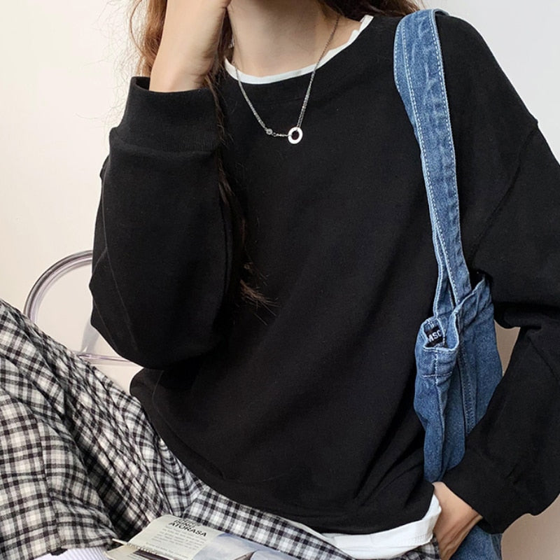 Patchwork Sweatshirt Women Harajuku Casual O Neck Loose Long Sleeve Tops Solid Fashion Korean Girls Fall Sweatshirt