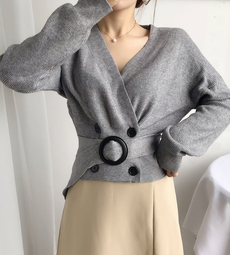 Sexy V-neck Women Knit Sweater Cardigan Autumn Cardigan Long Sleeve Tunic Double Breasted Female Top Casual Korean Sweater