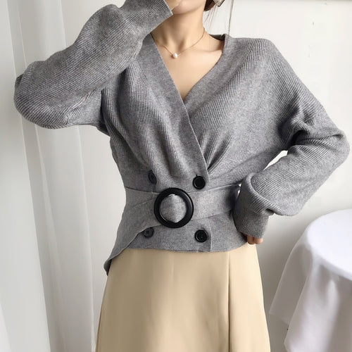 Load image into Gallery viewer, Sexy V-neck Women Knit Sweater Cardigan Autumn Cardigan Long Sleeve Tunic Double Breasted Female Top Casual Korean Sweater
