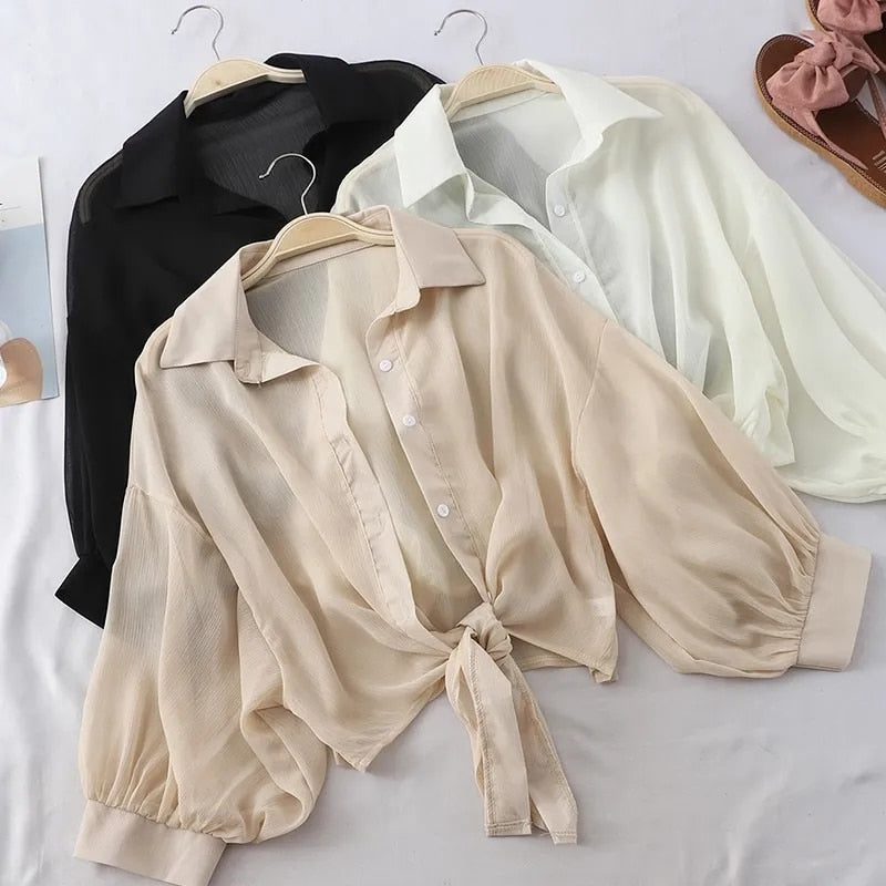 Chiffon Women New  Shirts Summer Half Sleeve Buttoned Up Loose Casual Sunny Shirts Female Tied Waist Elegant White Tops