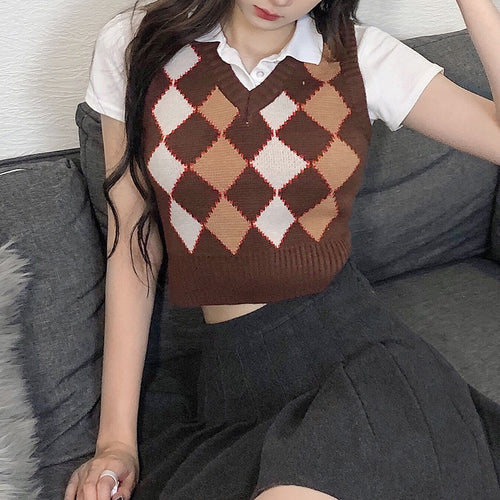 Load image into Gallery viewer, Argyle Women Sweater Vest Vintage Autumn Knit Pullover Cute Crop Jumper Short Sweater Streetwear Brown Top
