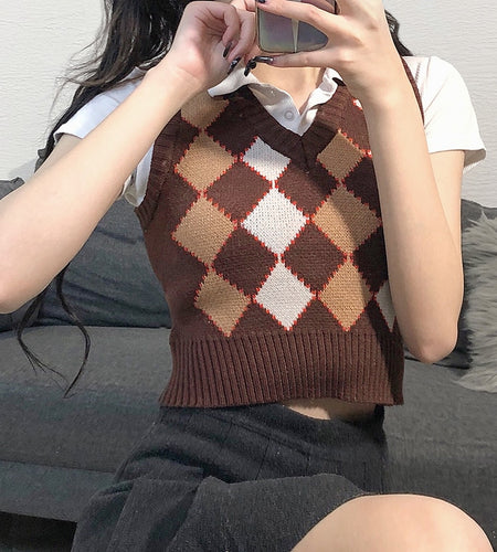 Argyle Women Sweater Vest Vintage Autumn Knit Pullover Cute Crop Jumper Short Sweater Streetwear Brown Top