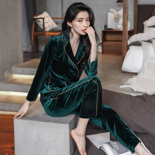 Load image into Gallery viewer, High Quality Women&#39;s Pajamas Set Golden Velvet Sleepwear Luxury Style Homewear V Neck Nightwear Casual Pyjamas Femme New
