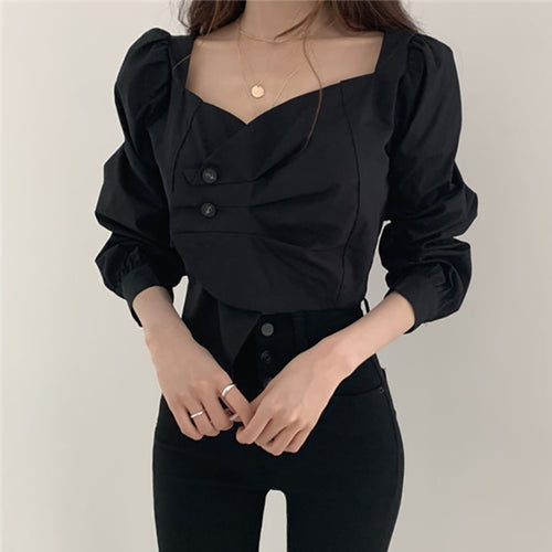 Load image into Gallery viewer, Designed Women Blouse Spring Fashion Button Irregular England Style Long Sleeve Square Collar Office Ladies Temperament Top
