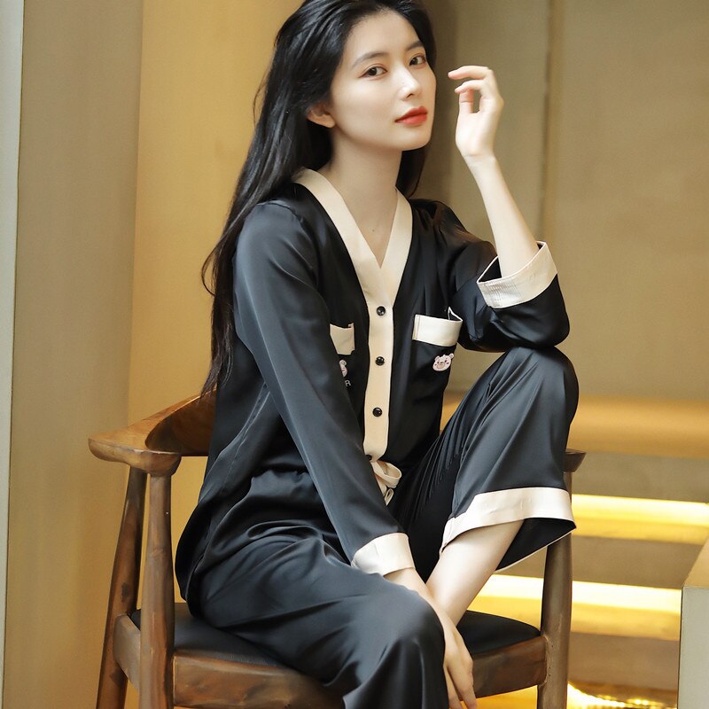 High Quality Women's Pajamas Set Silk Like Homewear V Neck Sleepwear Cartoon Bear Nightwear Femme Homewear Clothes