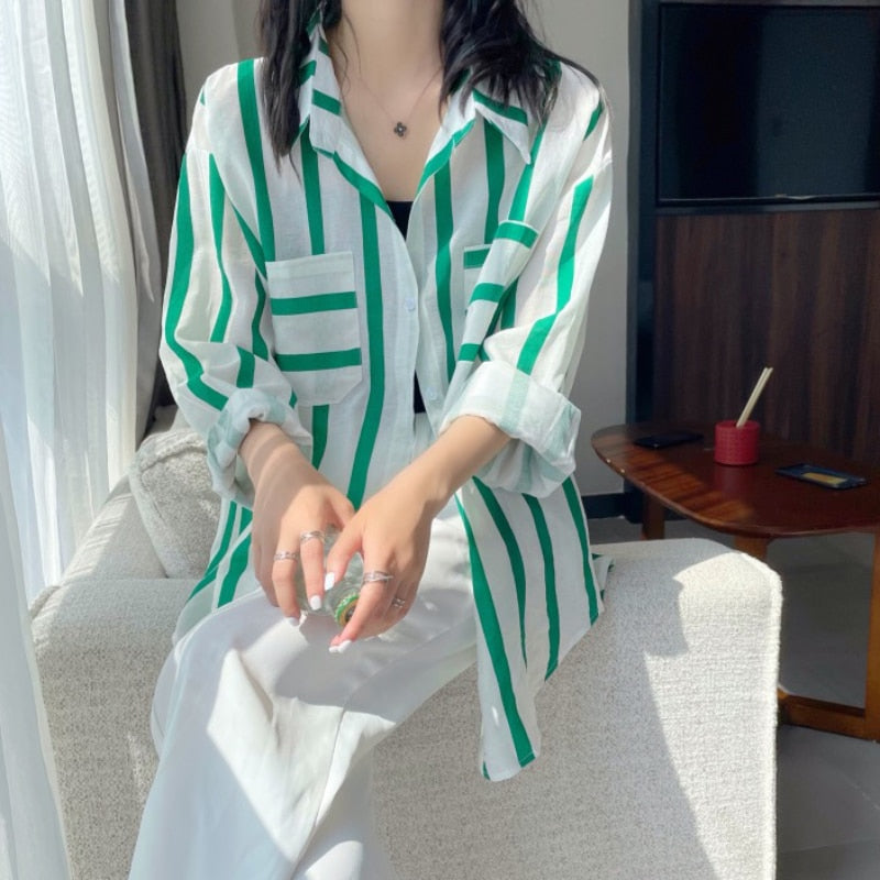 Striped Women Shirts Summer Fashion Beach Sun Protection Long Sleeve Loose White Long Shirt Casual Korean Pocket Tops