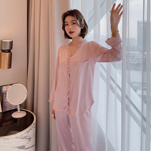 Load image into Gallery viewer, Women&#39;s Pajamas Set Vintage V Neck Lace Sleepwear Silk Like Nightie Leisure Home Clothes Nightwear Pyjamas Femme
