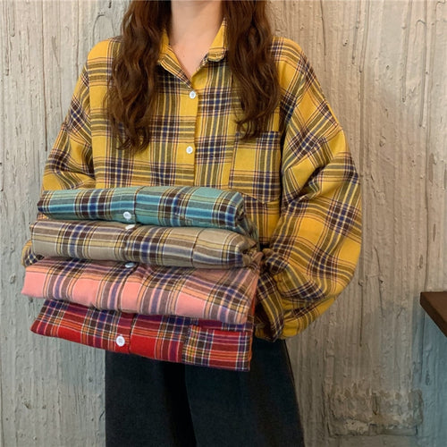 Load image into Gallery viewer, Plaid Women Shirt Loose Spring Long Sleeve Harajuku Korean Loose Ladies Blouse Casual Turn Down Collar Cotton Vintage Tops
