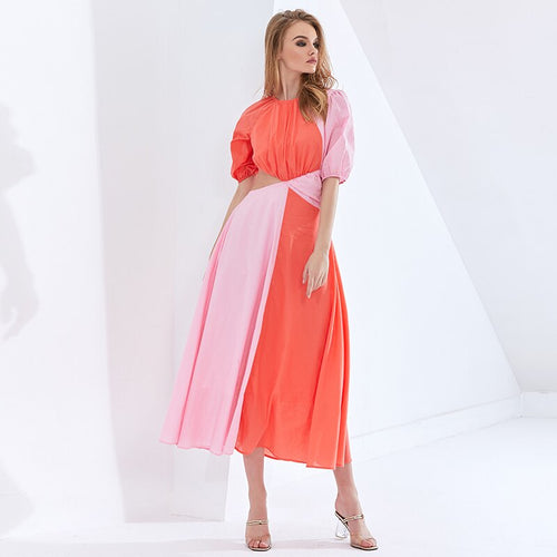 Load image into Gallery viewer, Patchwork Hit Color Asymmetrical Summer Dress For Female Puff Sleeve High Waist Hollow Out Dresses Women
