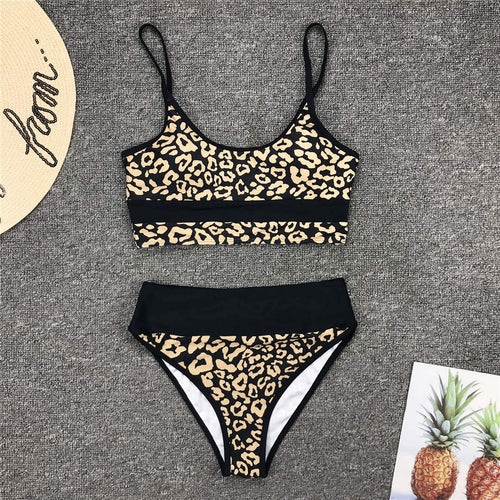 Load image into Gallery viewer, Golden Printed Bikini High Waist Swimsuit Women Swimwear Two-pieces Bikini set Bather Splicing Bathing Suit Swim Wear V1717
