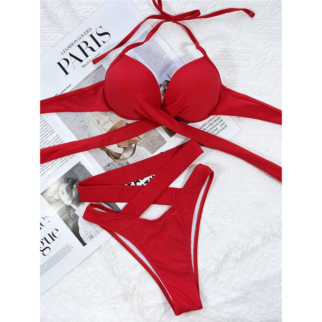 Sexy Wrap Around High Waist Bikini Female Swimsuit Women Swimwear Two-pieces Bikini set Bandage Bather Bathing Suit Swim V3115