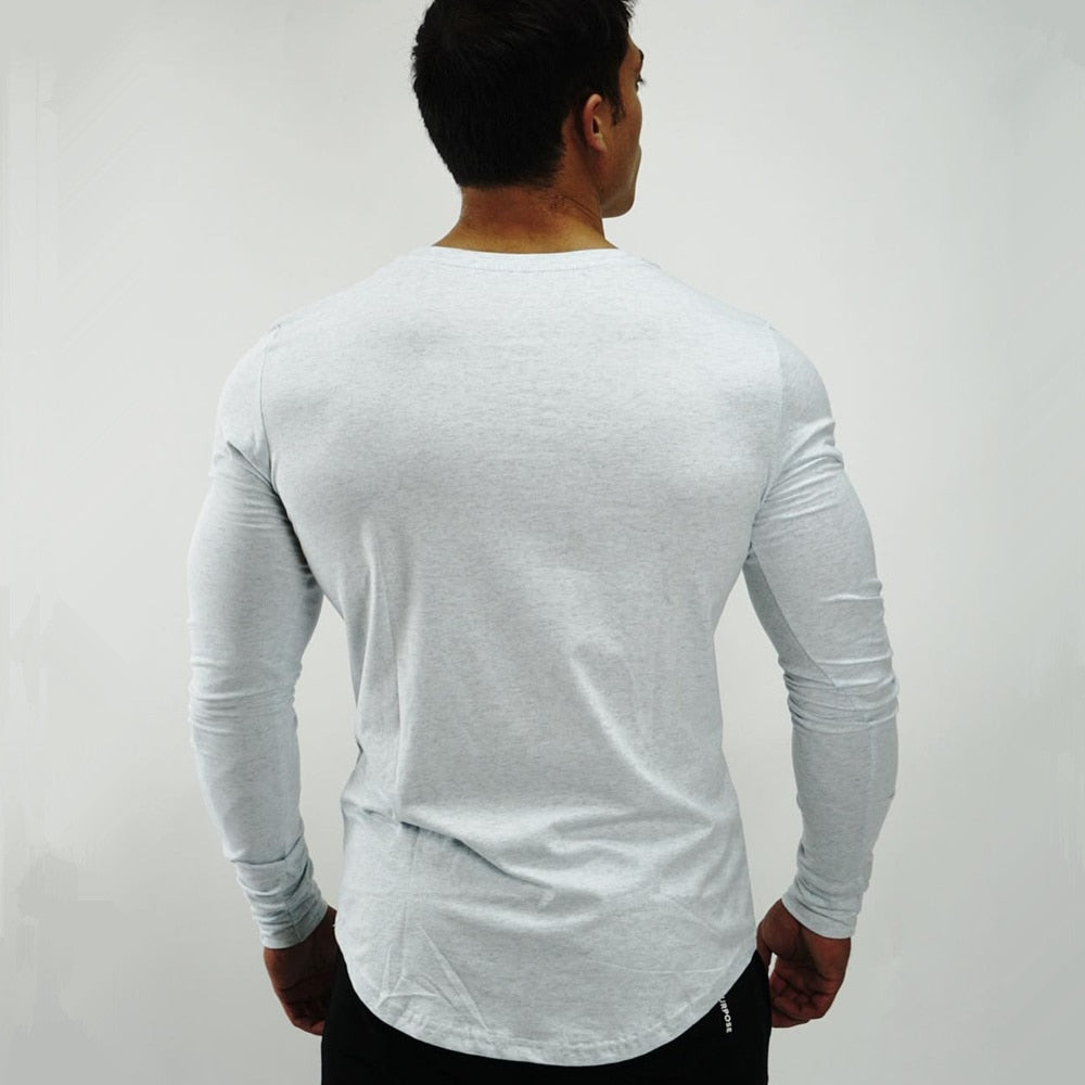 Casual Long Sleeve T-shirt Men Gym Fitness Workout Skinny Shirt Autumn Male Cotton Bodybuilding Tee Tops Sport Training Clothing