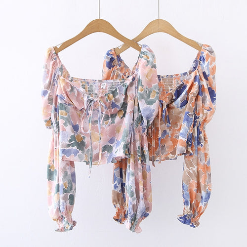 Load image into Gallery viewer, Chiffon Summer Women Blouse Fashion Floral Print Europe Puff Sleeve Crop Tops Elegant Square Collar Designed Female Shirts
