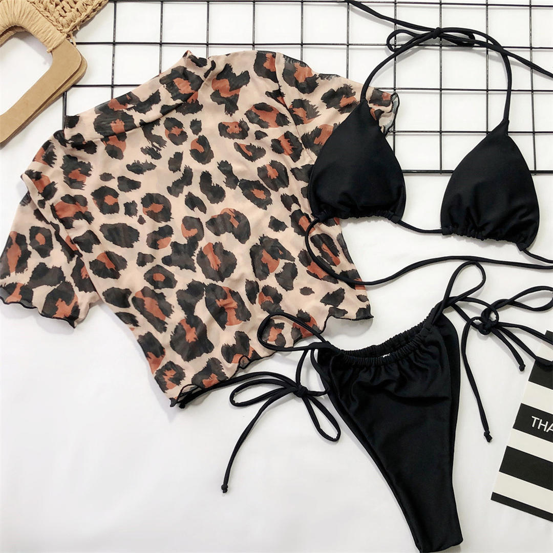 Sexy Leopard Bikini Female Swimsuit Women Swimwear Three-pieces Bikini set Brazilian Bather Halter Bathing Suit V1629NG