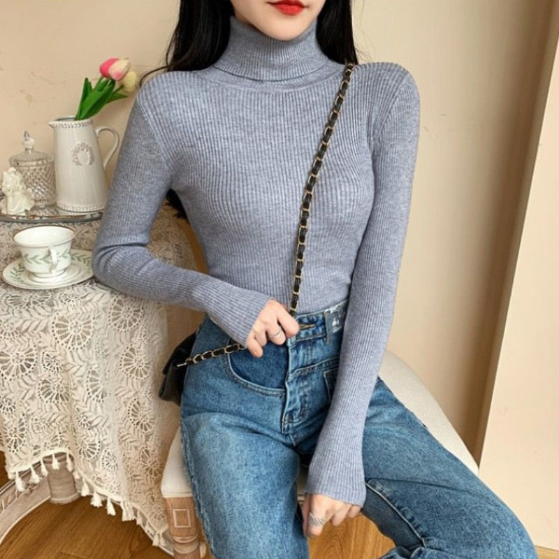 Soft Women Turtleneck Sweater Knitted Pullover Winter Simple Solid Color Jumper Super Elastic Fall Ladies Basic Tops