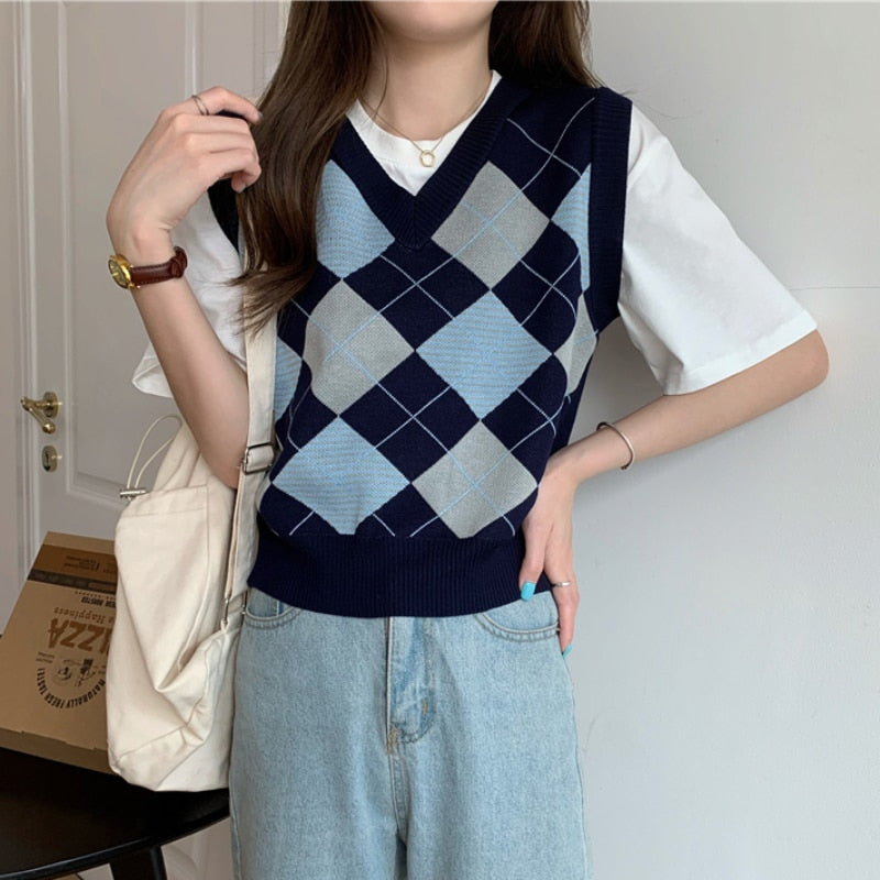 Argyle Women Sweater Vest Korean Style Autumn Knit Pullover Cute Jumper Casual V Neck Blue Loose Ladies Plaid Vest