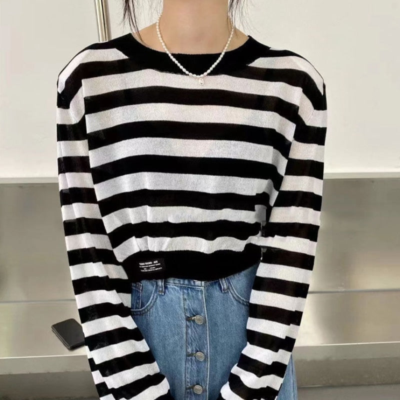 Casual Women Striped T Shirts Loose O Neck Korean Long Sleeve Autumn Knit Tops Fashion Black New  Fall Female Thin Tees