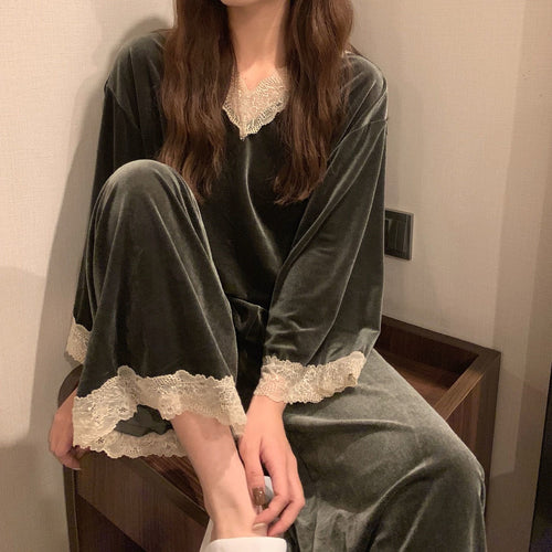 Load image into Gallery viewer, Women&#39;s Pajamas Set V Neck Lace Cuff Velvet Sleepwear Casual Homewear Loose Nightwear Luxury Pyjamas Femme Oversize
