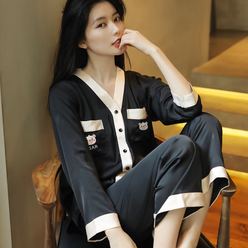 High Quality Women's Pajamas Set Silk Like Homewear V Neck Sleepwear Cartoon Bear Nightwear Femme Homewear Clothes