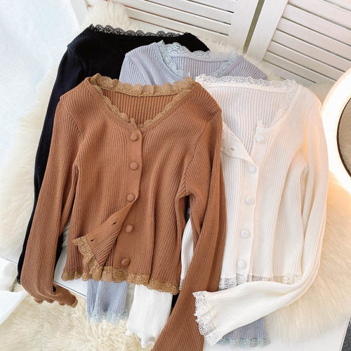 Load image into Gallery viewer, Elegant Lace Women Cardigan Sweater Autumn Casual Long Sleeve Knit Crop Tops Elastic Slim Solid Color 2022 Short Jacket
