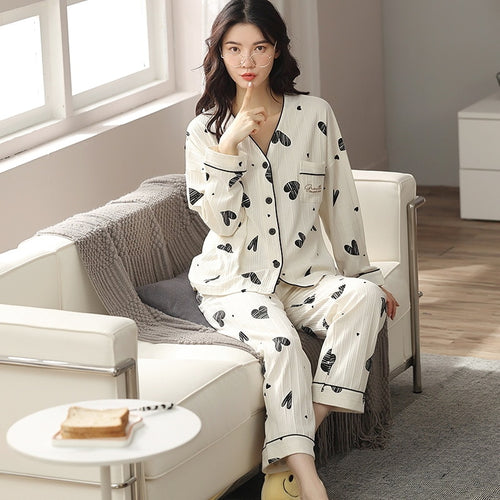 Load image into Gallery viewer, Autumn Women&#39;s Pajamas Set High Quality Pit Stripes Sleepwear V Neck Cotton Nightie Homewear Nightwear Pyjamas Femme
