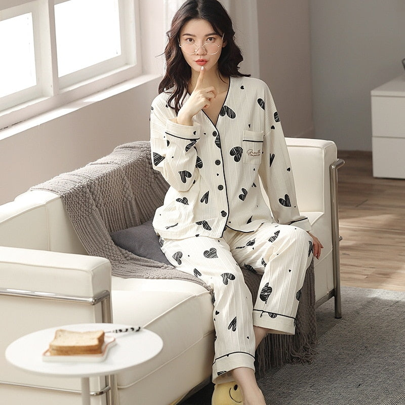 Autumn Women's Pajamas Set High Quality Pit Stripes Sleepwear V Neck Cotton Nightie Homewear Nightwear Pyjamas Femme