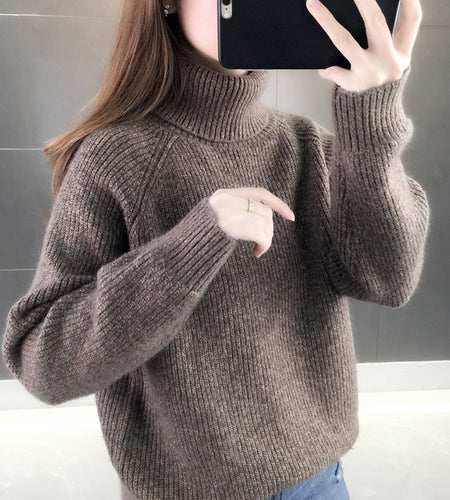 Turtleneck Sweater Warm Thick Loose Knitted Coat Winter Solid Vintage Pullover High Collar Jumper Casual Girls Outwear